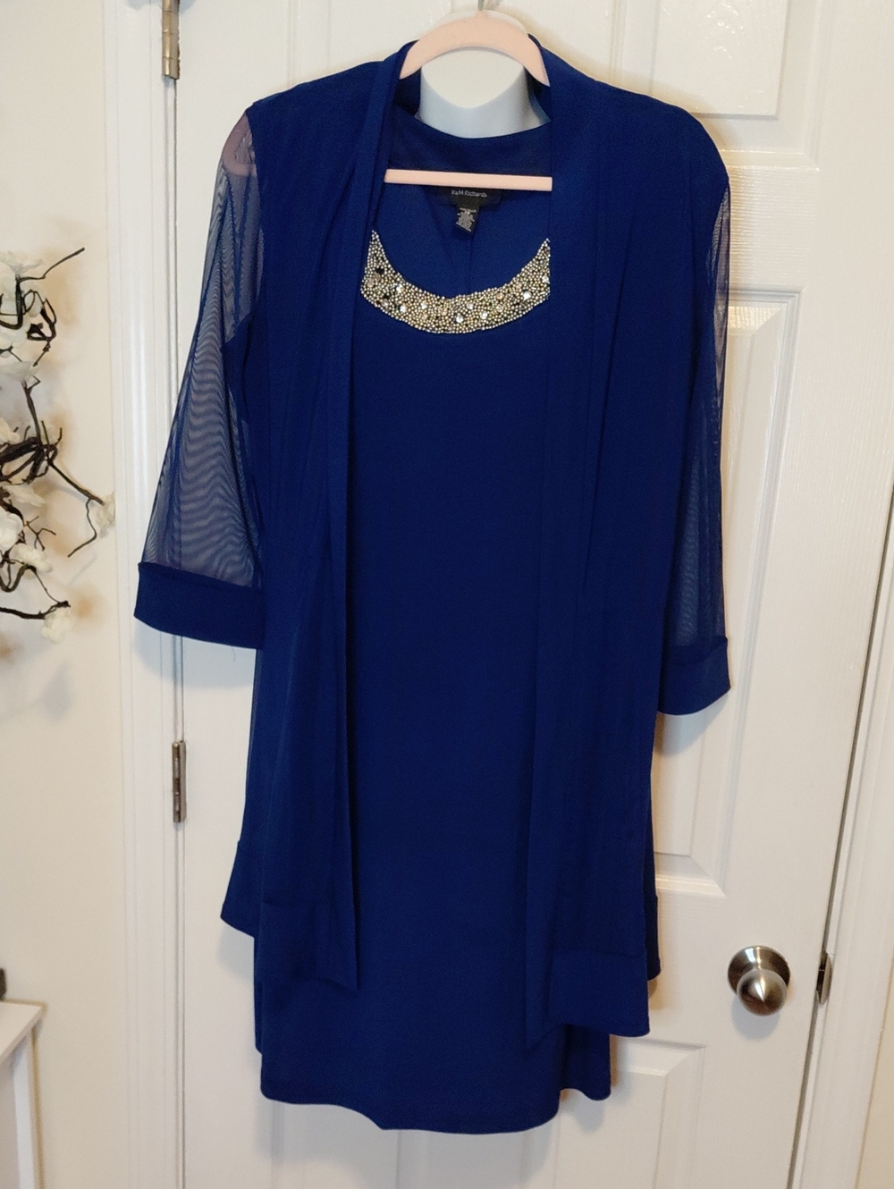 R&M Richards Royal Blue Midi Dress with Beaded Necklace Detail